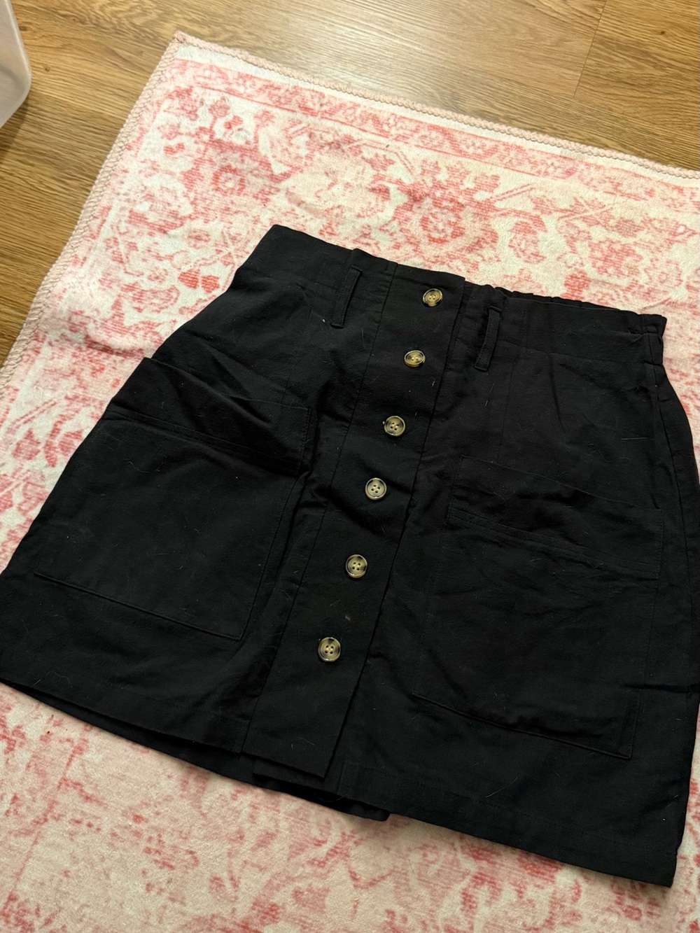 Black Button-Front Mini Skirt with Patch Pockets